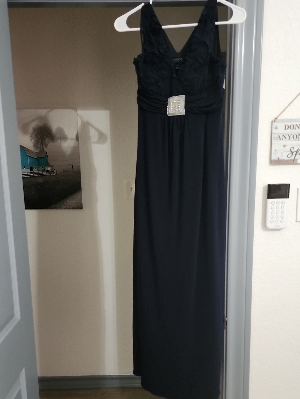 Elegant Navy Blue Formal Evening Dress with Embellished Waist